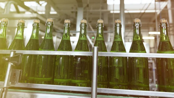 Green champagne bottles on the conveyor belt. Champagne production. Toned