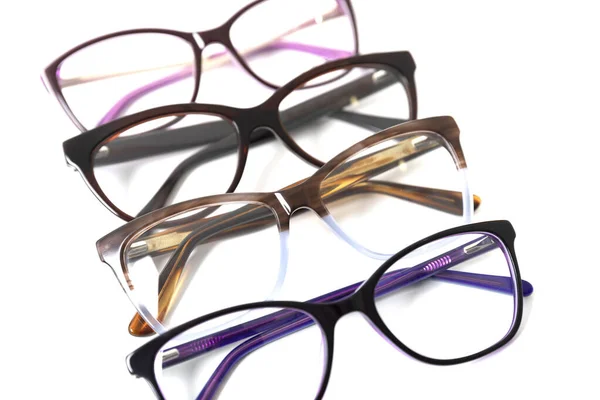 Four Pairs Plastic Fashionable Eyeglass Frames Isolated Stock Photo