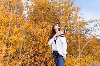 Sonbahar ormanında poz veren beyaz kazaklı kızıl saçlı kız.