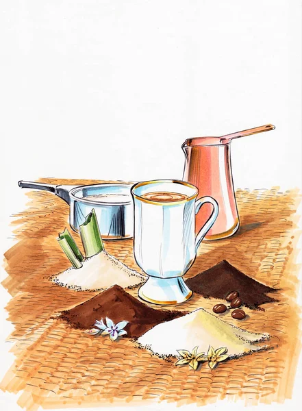 Met Hand Geschilderde Illustratie Koffie Recept Koffie Vanille Stockfoto