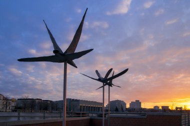 Wroclaw, Polonya, Ocak 2020 Odra Nehri kıyısında Magdalena Abakanowicz 'in Birds heykeli.