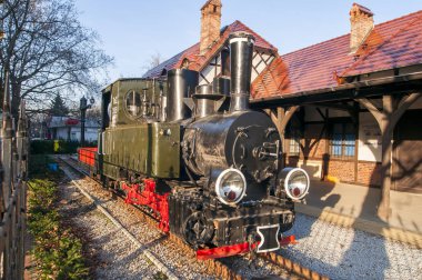 Wroclaw, Polonya, Şubat 2020. Demiryolu müzesi. Eski dar kalibreli Wroclaw-Trzebnica-Prusya tren istasyonu. Ve buharlı lokomotif 600mm Tx2355 yük vagonlu..