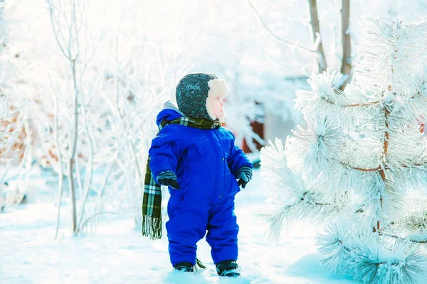 Dziecko Parku Śniegu Zimie Mały Chłopiec Niebieski Kombinezon Czapka Połowy — Zdjęcie stockowe