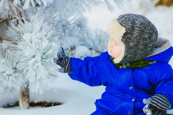 겨울에 어린이 공원입니다 파란색 바지에 소년과 크리스마스에 공원에서 눈송이 어린이 — 스톡 사진