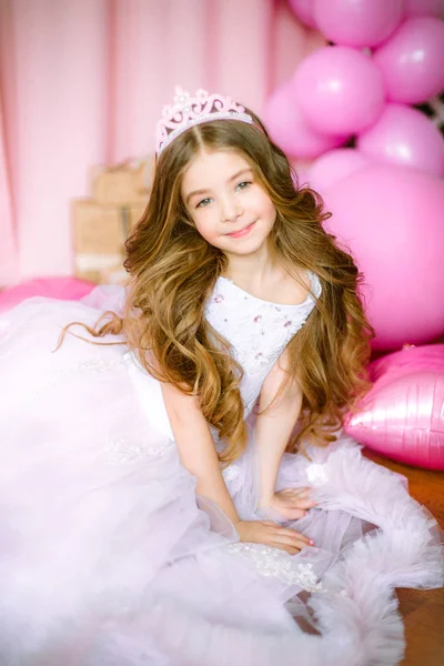 Girl Blond Long Hair Light Pink Dress Princess Tiara Balloons — Stock Photo, Image