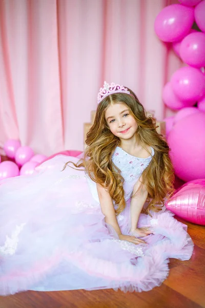 Girl Blond Long Hair Light Pink Dress Princess Tiara Balloons — Stock Photo, Image