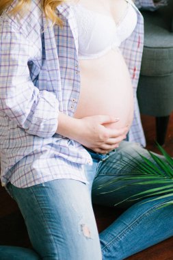 Genç güzel hamile kadın mavi kot pantolon ve hafif bir gömlek. Onun elinde yeşil bir fern bir dalı olan hamile kadın. Eko yaşam tarzı