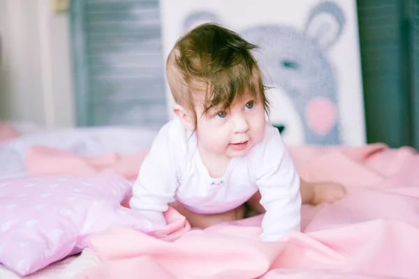 Cute Girl Baby White Body Pink Bedprincess Home — Stock Photo, Image