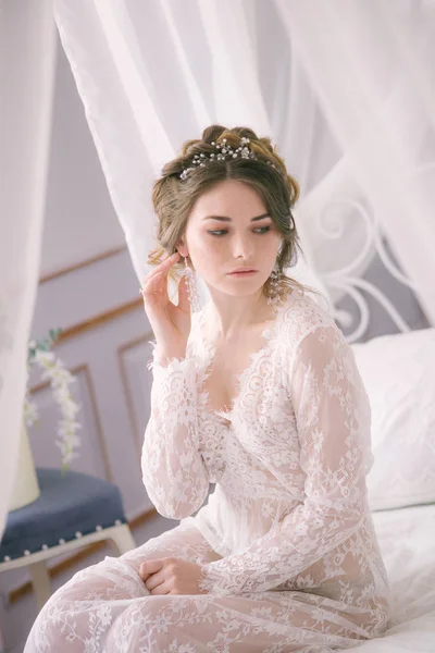 Ritratto Bella Sposa Buongiorno Della Sposa Mattina Del Matrimonio Trucco — Foto Stock