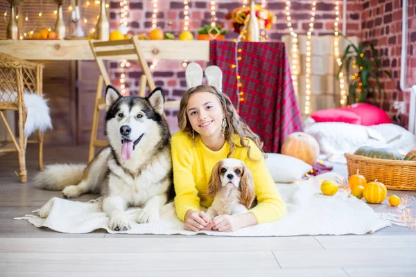 Cute Nastolatek Dziewczyna Blond Kręcone Włosy Studio Jesiennych Dekoracji Dyni — Zdjęcie stockowe