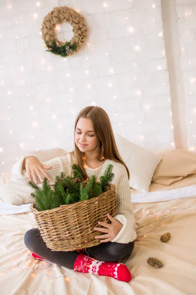 Cute Teenage Girl Has Fun Home Light Loft Bed Decorated — Stock Photo, Image