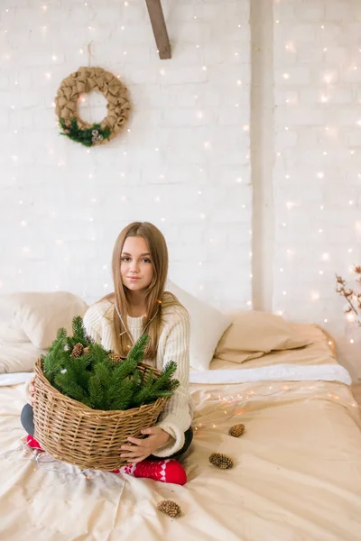 Cute Teenage Girl Has Fun Home Light Loft Bed Decorated — Stock Photo, Image
