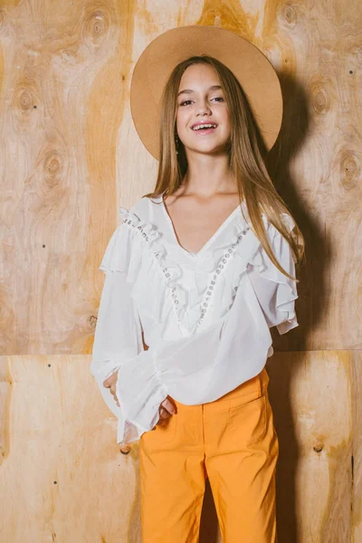 Attractive Young Girl Blond Hair Evening Make Retro Flared Pants — 图库照片
