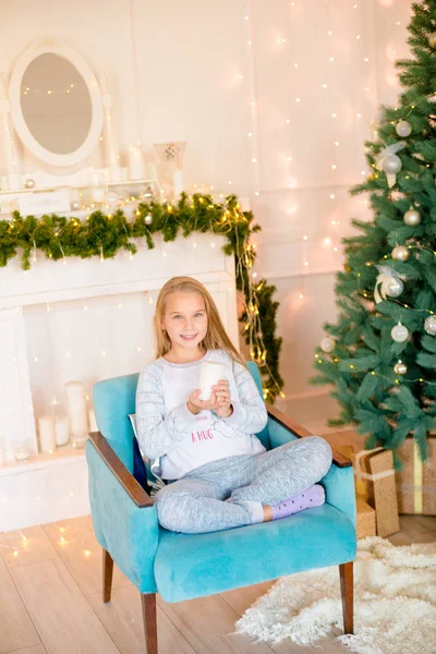 Little Cute Girl Pajamas Christmas Tree Gifts Bright Fireplace Decorated — Stockfoto