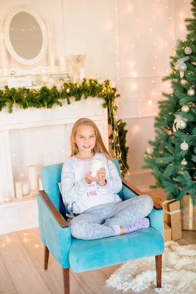 Little Cute Girl Pajamas Christmas Tree Gifts Bright Fireplace Decorated — Stockfoto