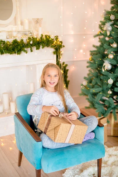 Little Cute Girl Pajamas Christmas Tree Gifts Bright Fireplace Decorated — Stockfoto