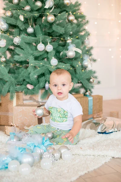 Cute Little Boy Christmas Tree Fireplace Decorated Garlands Gifts Christmas — Stock Photo, Image