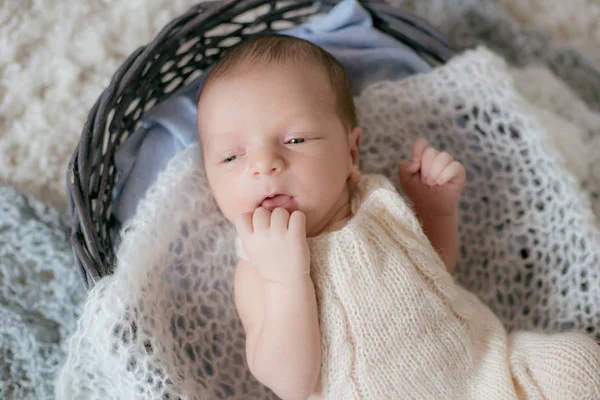 Bebê Pequeno Bonito Encontra Casa Tapete Macio Branco Uma Cesta — Fotografia de Stock