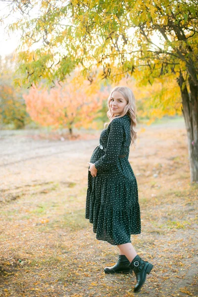 Jolie Femme Enceinte Aux Cheveux Blonds Promène Dans Parc Automne — Photo