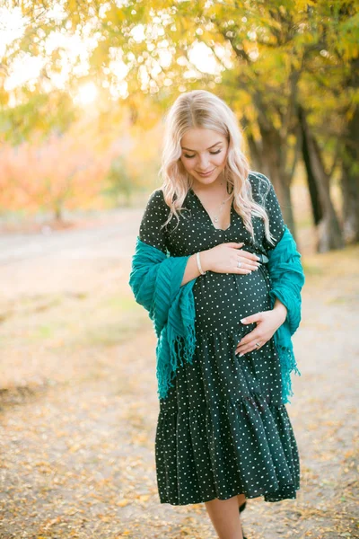 Χαριτωμένη Έγκυος Γυναίκα Ξανθά Μαλλιά Περπατά Στο Πάρκο Φθινόπωρο Στο — Φωτογραφία Αρχείου