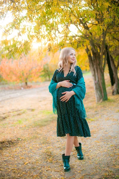 Милая Беременная Женщина Светлыми Волосами Гуляет Осеннем Парке Закате Счастливого — стоковое фото