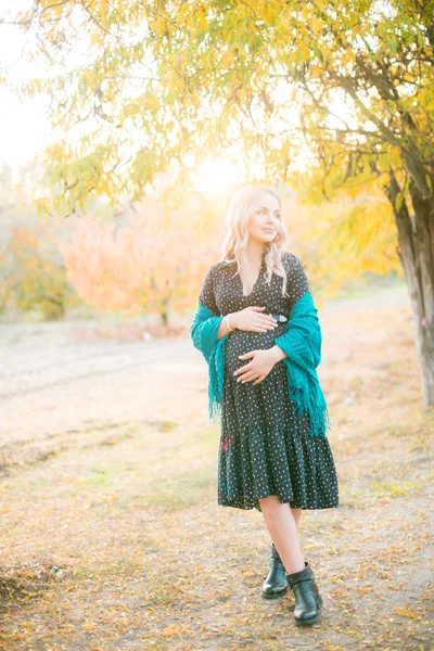 秋の公園では 金髪の可愛い妊婦さんが夕暮れ時に散歩しています 幸せな母親 秋の妊娠 — ストック写真