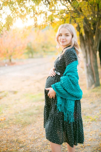 Leuke Zwangere Vrouw Met Blond Haar Wandelingen Het Herfst Park — Stockfoto