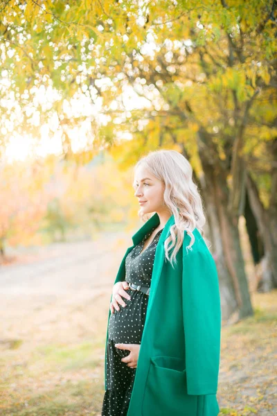 Jolie Femme Enceinte Aux Cheveux Blonds Promène Dans Parc Automne — Photo