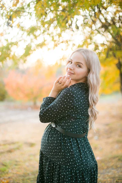 美丽的金发孕妇日落时在秋天的公园里散步 母性快乐 秋季怀孕 — 图库照片