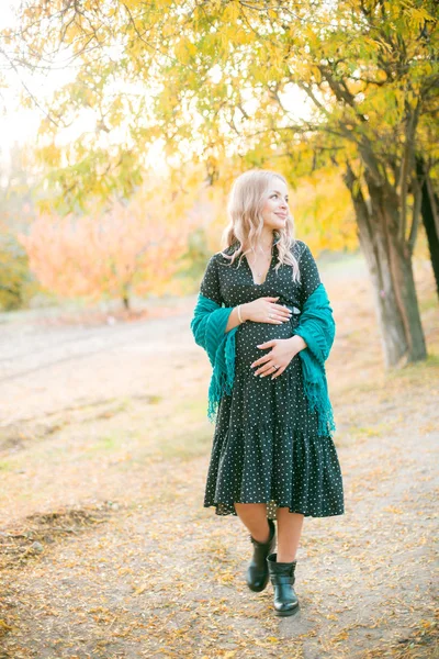 Милая Беременная Женщина Светлыми Волосами Гуляет Осеннем Парке Закате Счастливого — стоковое фото