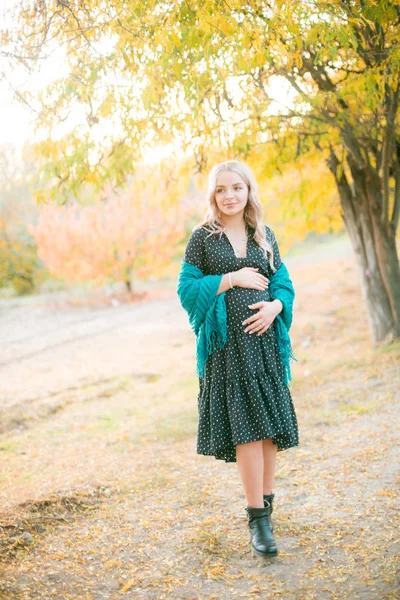 Χαριτωμένη Έγκυος Γυναίκα Ξανθά Μαλλιά Περπατά Στο Πάρκο Φθινόπωρο Στο — Φωτογραφία Αρχείου