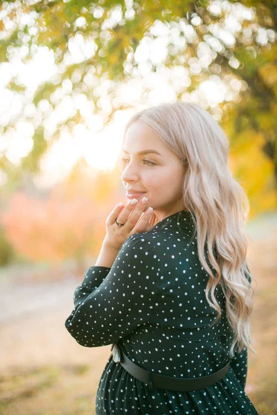 Roztomilá Těhotná Žena Blond Vlasy Procházky Podzimním Parku Při Západu — Stock fotografie