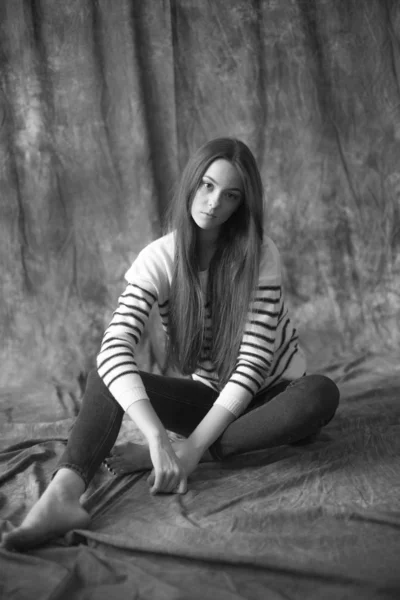 Lovely Young Girl Model Dark Long Hair Striped Sweater Skinny — 스톡 사진