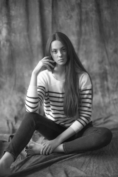 Lovely Young Girl Model Dark Long Hair Striped Sweater Skinny — 스톡 사진