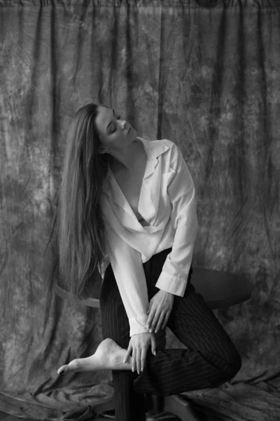 Lovely Young Girl Model Dark Long Hair White Shirt Black — 스톡 사진