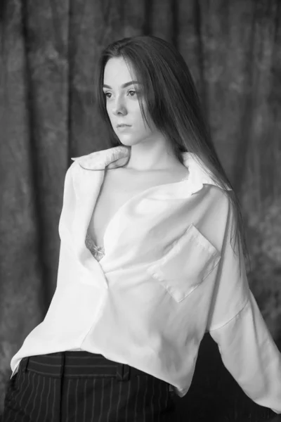 Lovely Young Girl Model Dark Long Hair White Shirt Black — 스톡 사진