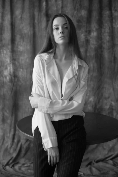 Lovely Young Girl Model Dark Long Hair White Shirt Black — 스톡 사진