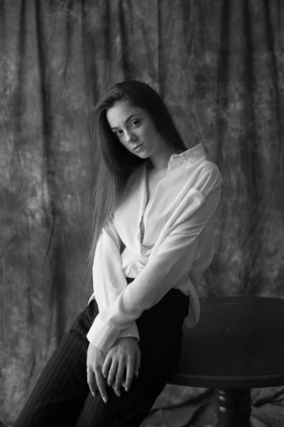 Lovely Young Girl Model Dark Long Hair White Shirt Black — 스톡 사진