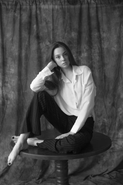 Lovely Young Girl Model Dark Long Hair White Shirt Black — Stock Photo, Image