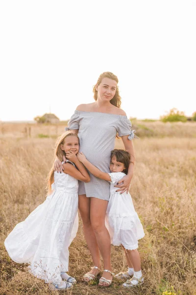 美丽的年轻怀孕的母亲 金发碧眼 两个女儿穿着白衣 在夏天的日落时分 在田野里 祝你怀孕愉快 一个大家庭 家庭和儿童 — 图库照片