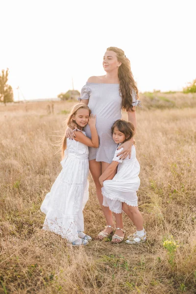 美丽的年轻怀孕的母亲 金发碧眼 两个女儿穿着白衣 在夏天的日落时分 在田野里 祝你怀孕愉快 一个大家庭 家庭和儿童 — 图库照片