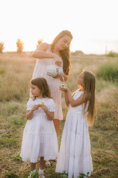 Eine Schöne Junge Schwangere Mutter Mit Blonden Haaren Und Zwei — Stockfoto