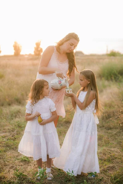 Een Mooie Jonge Zwangere Moeder Met Blond Haar Met Twee — Stockfoto