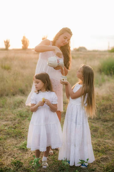 Sarışın Beyaz Elbiseli Iki Kızı Olan Güzel Hamile Bir Anne — Stok fotoğraf