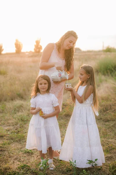 Eine Schöne Junge Schwangere Mutter Mit Blonden Haaren Und Zwei — Stockfoto