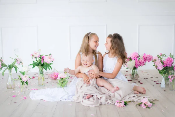 Cute little sisters with blond hair in white dresses and a little brother in a light spring studio decorated with pink and white peonies