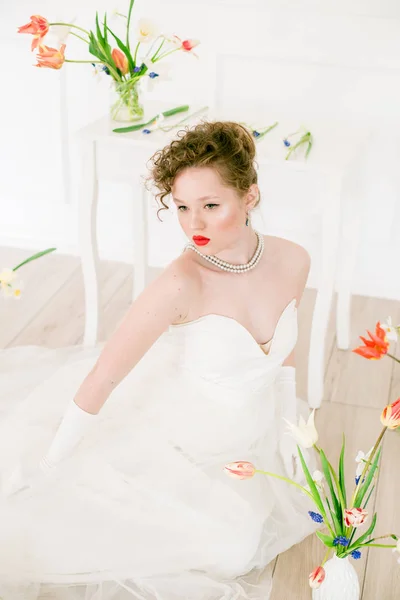 Attractive Young Bride White Dress Light Spring Studio Decorated Tulips — Stock Photo, Image