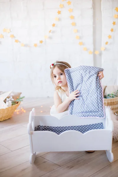 Little Cute Girl White Dress Plays Doll Bed Bright Children — Stock Photo, Image