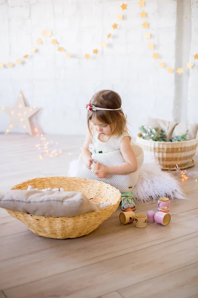 Little Cute Girl White Dress Plays Bright Children Room Decorated — Stock Photo, Image