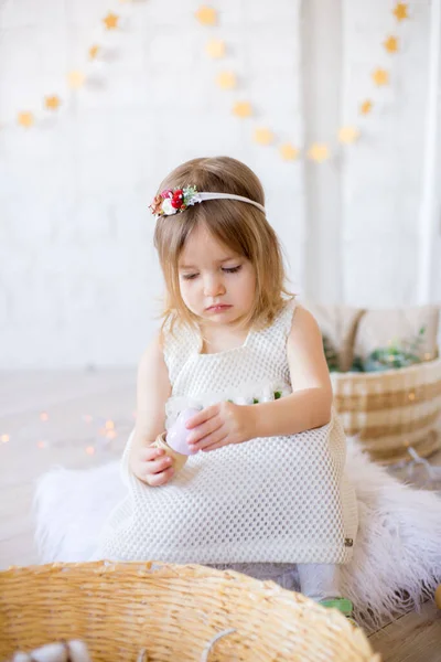 Little Cute Girl White Dress Plays Bright Children Room Decorated — Stock Photo, Image